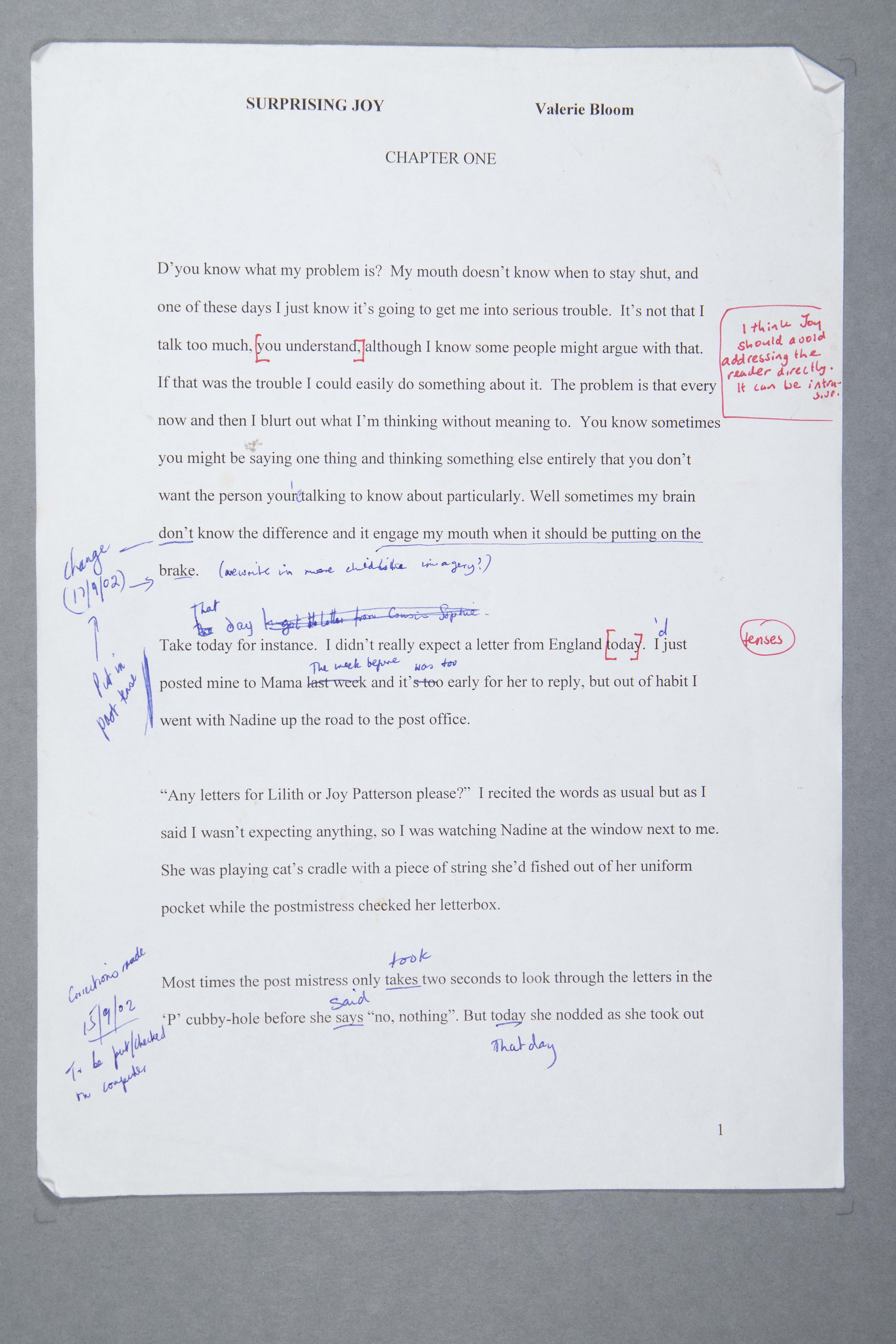 A typed draft for the novel 'Surprising Joy', including manuscript corrections, additions and deletions in blue and red ink.