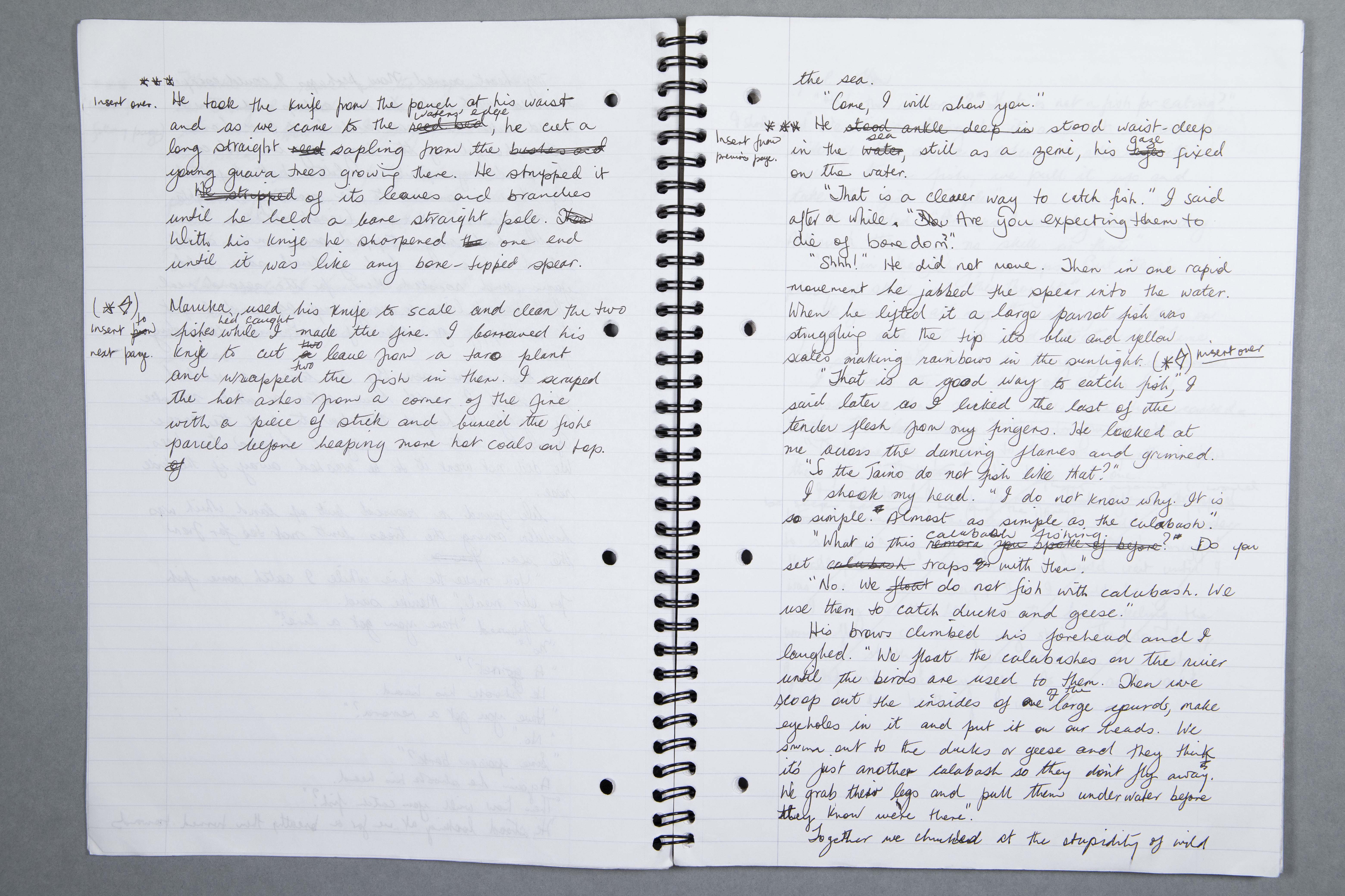 An opening from one of Valerie Bloom's notebooks containing a manuscript draft for a chapter of the novel 'The Tribe' (2007).